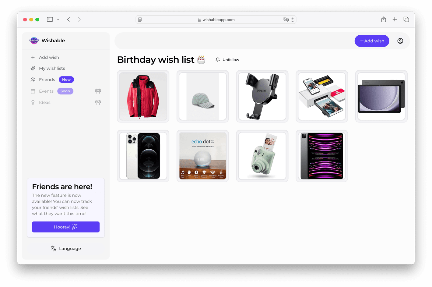 Birthday wishlist preview, where you can see a list of items with images and links to the shops